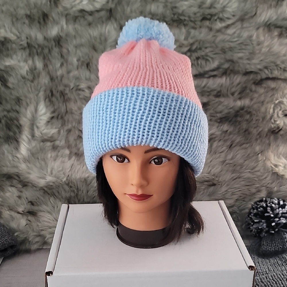 Cozy Pink and Blue  Beanie with Pom-Pom